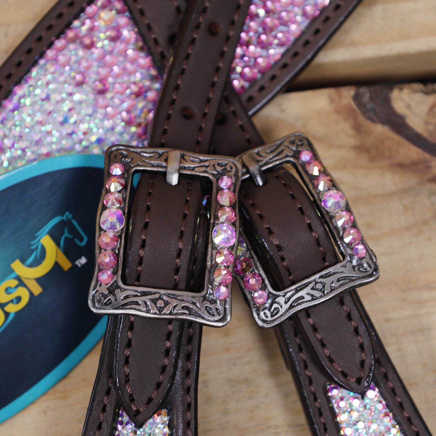Western Horse Tack Set Decorated with Butterfly Print with Dazzle Pink and AB Stone Work on Gladiator Style Breast Collar and Rhinestone Berry Conchos MOUSM