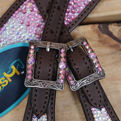 Western Horse Tack Set Decorated with Butterfly Print with Dazzle Pink and AB Stone Work on Gladiator Style Breast Collar and Rhinestone Berry Conchos MOUSM