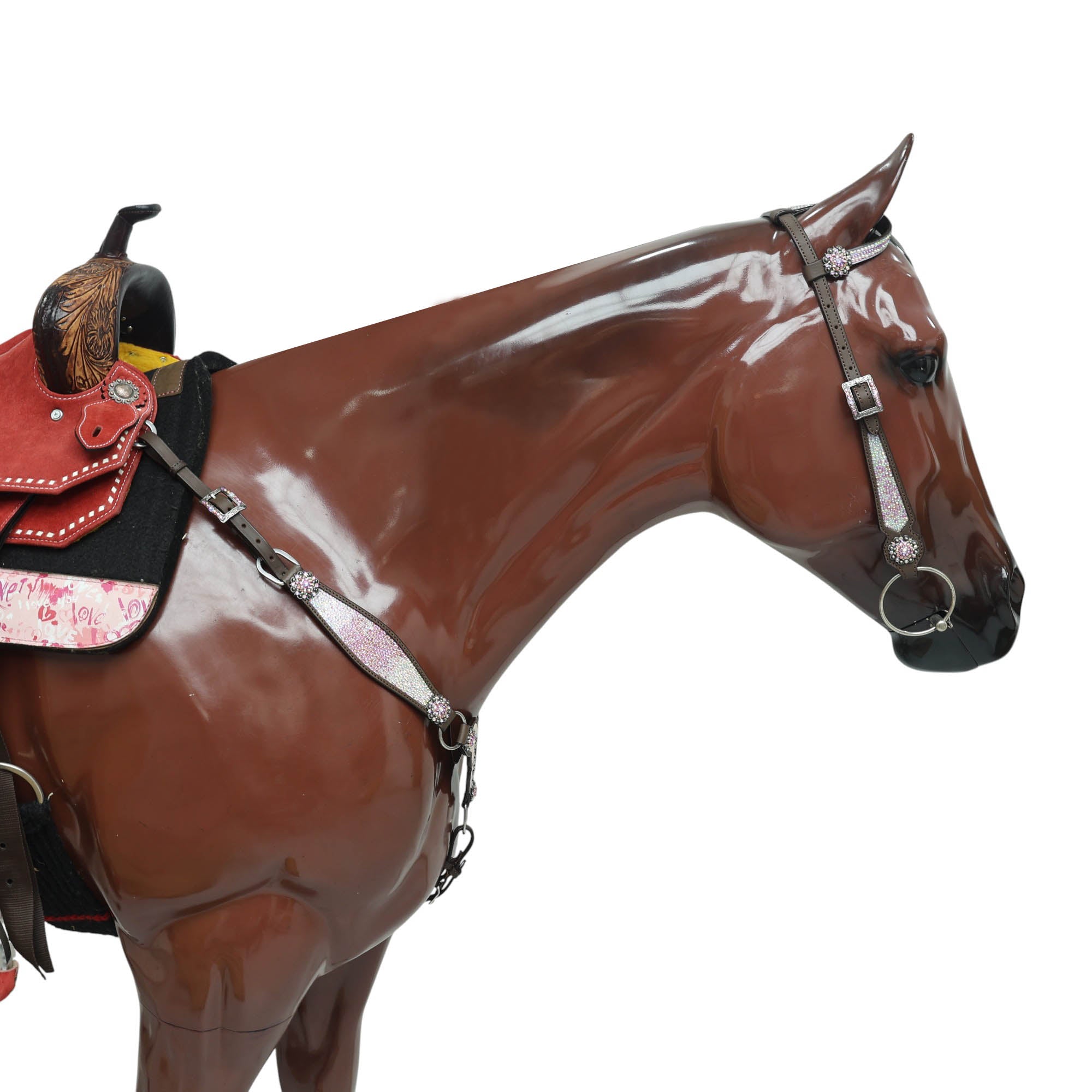 Western Horse Tack Set Decorated with Butterfly Print with Dazzle Pink and AB Stone Work on Gladiator Style Breast Collar and Rhinestone Berry Conchos MOUSM