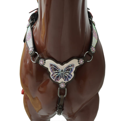 Western Horse Tack Set Decorated with Butterfly Print with Dazzle Pink and AB Stone Work on Gladiator Style Breast Collar and Rhinestone Berry Conchos MOUSM