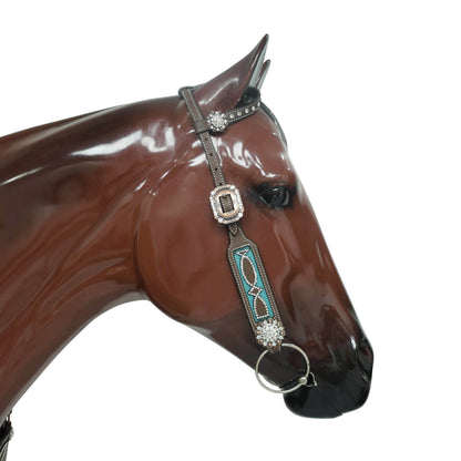Western Headstall and Breast Collar Set with Leather Filigree Design, Clear Stones and Turquoise Lining Base, Rhinestone Berry Conchos MOUSM
