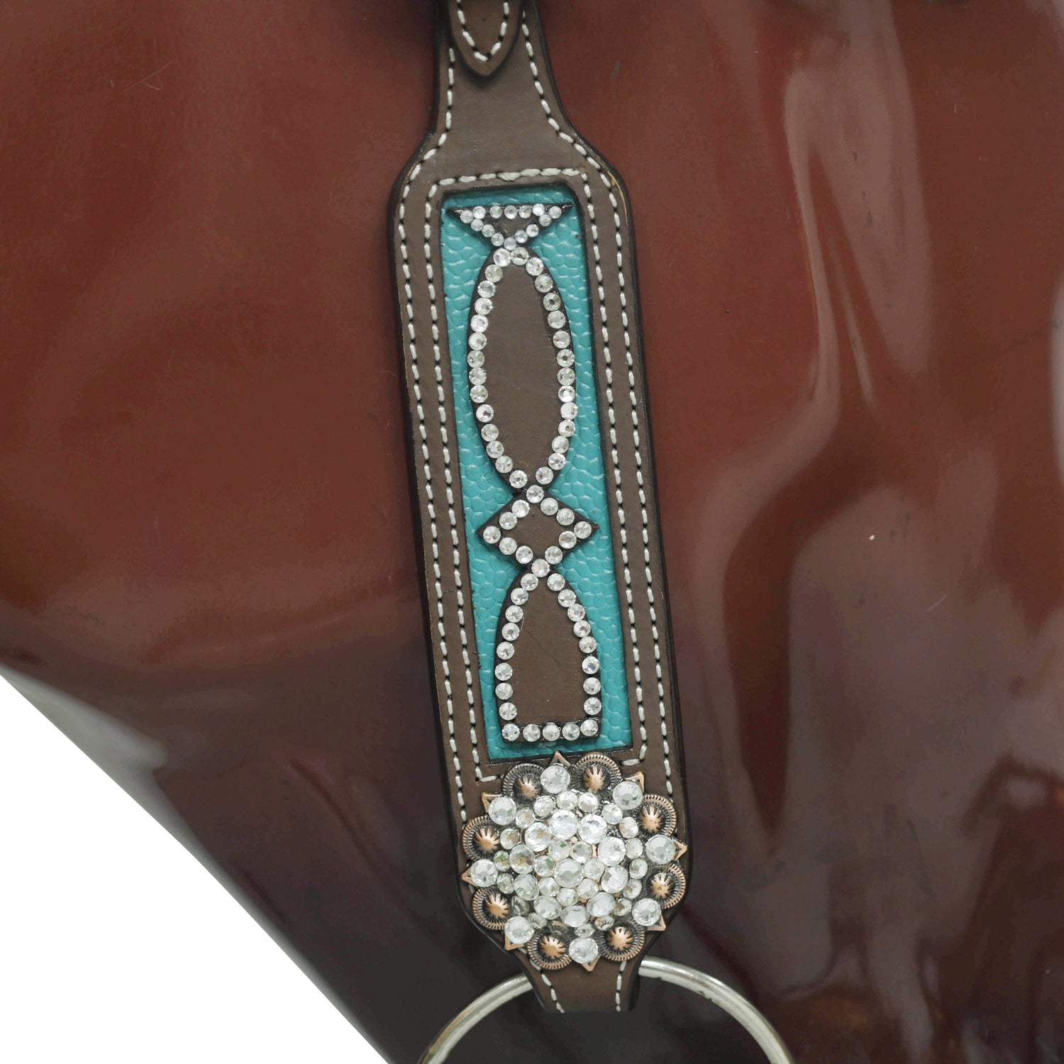 Western Headstall and Breast Collar Set with Leather Filigree Design, Clear Stones and Turquoise Lining Base, Rhinestone Berry Conchos MOUSM
