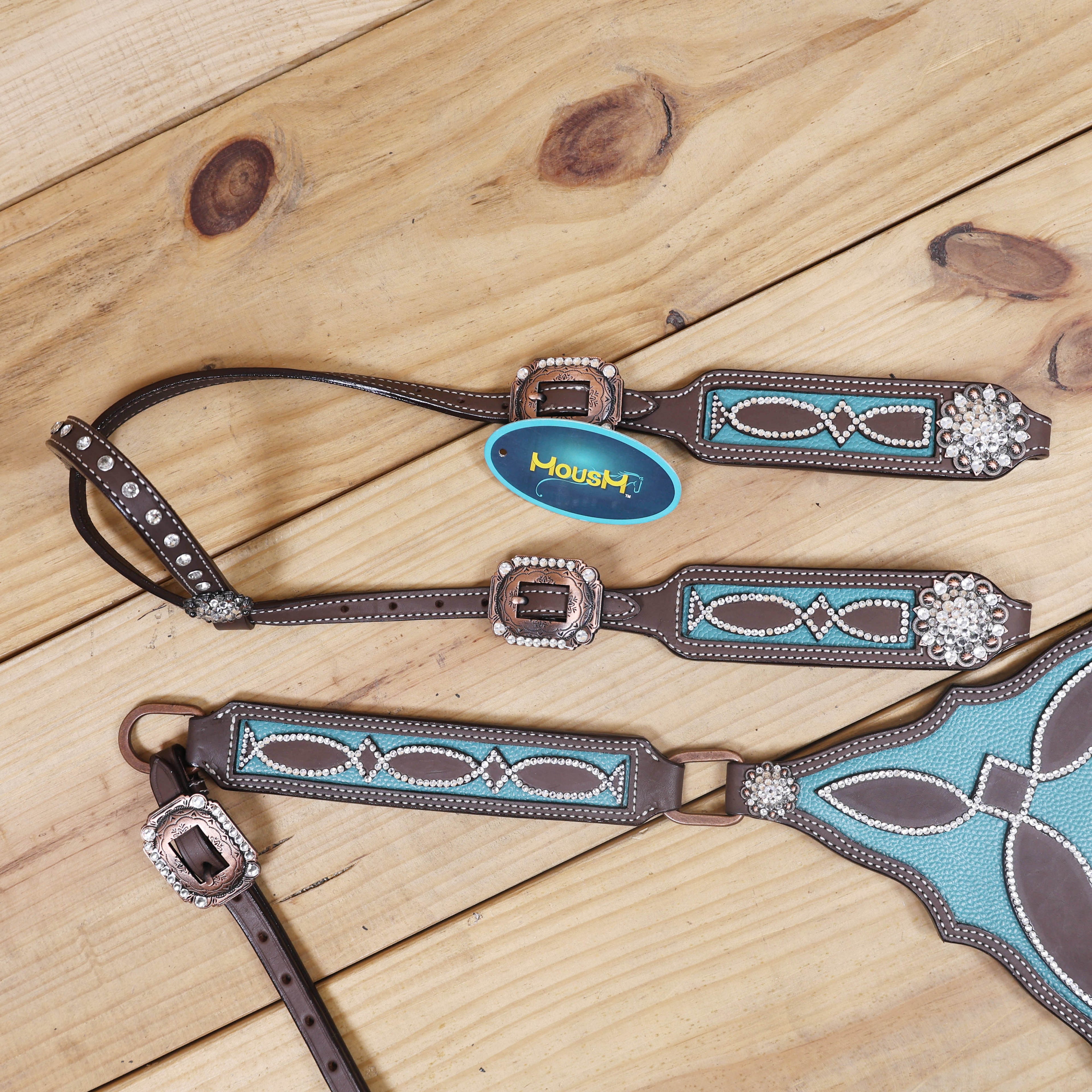 Western Headstall and Breast Collar Set with Leather Filigree Design, Clear Stones and Turquoise Lining Base, Rhinestone Berry Conchos MOUSM