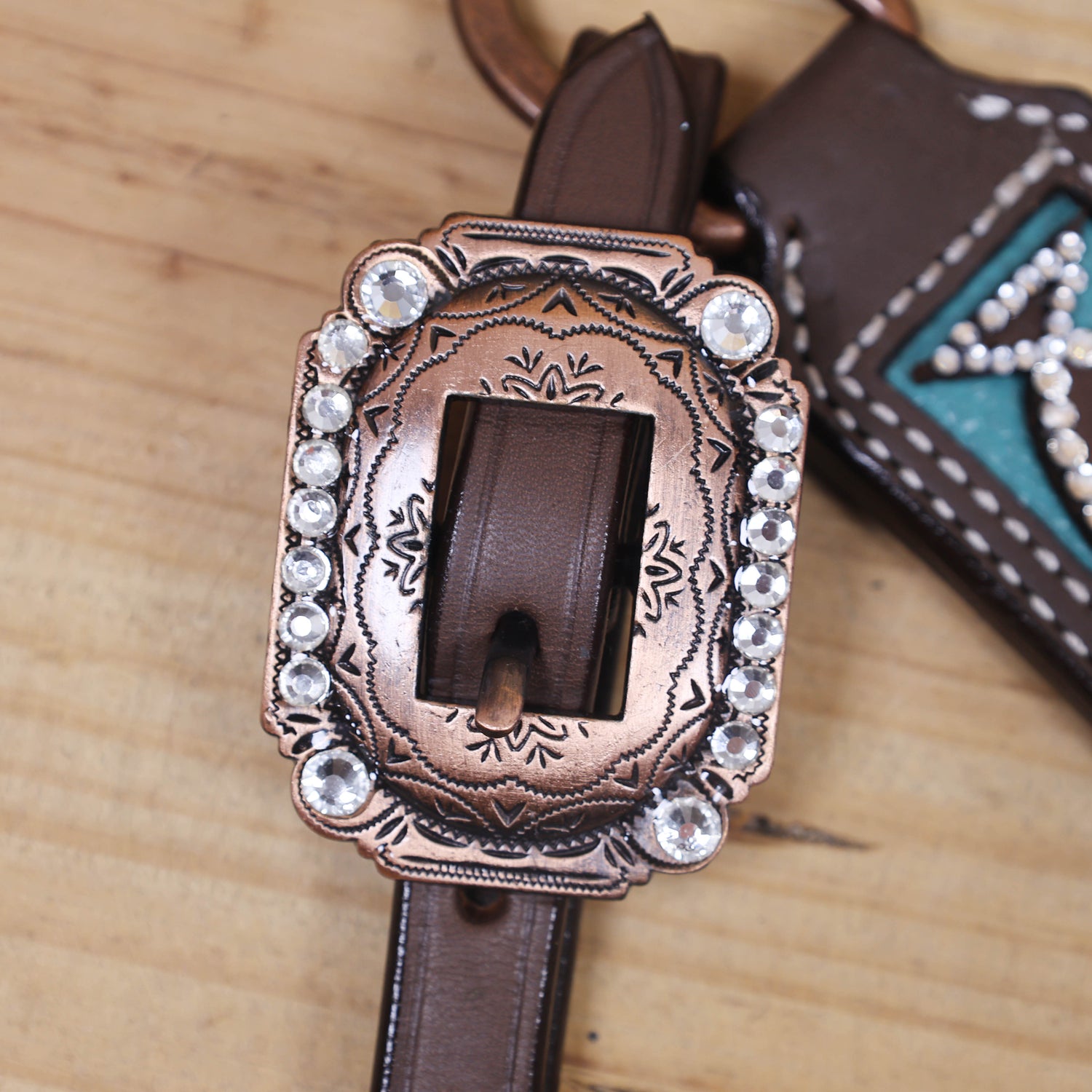Western Headstall and Breast Collar Set with Leather Filigree Design, Clear Stones and Turquoise Lining Base, Rhinestone Berry Conchos MOUSM