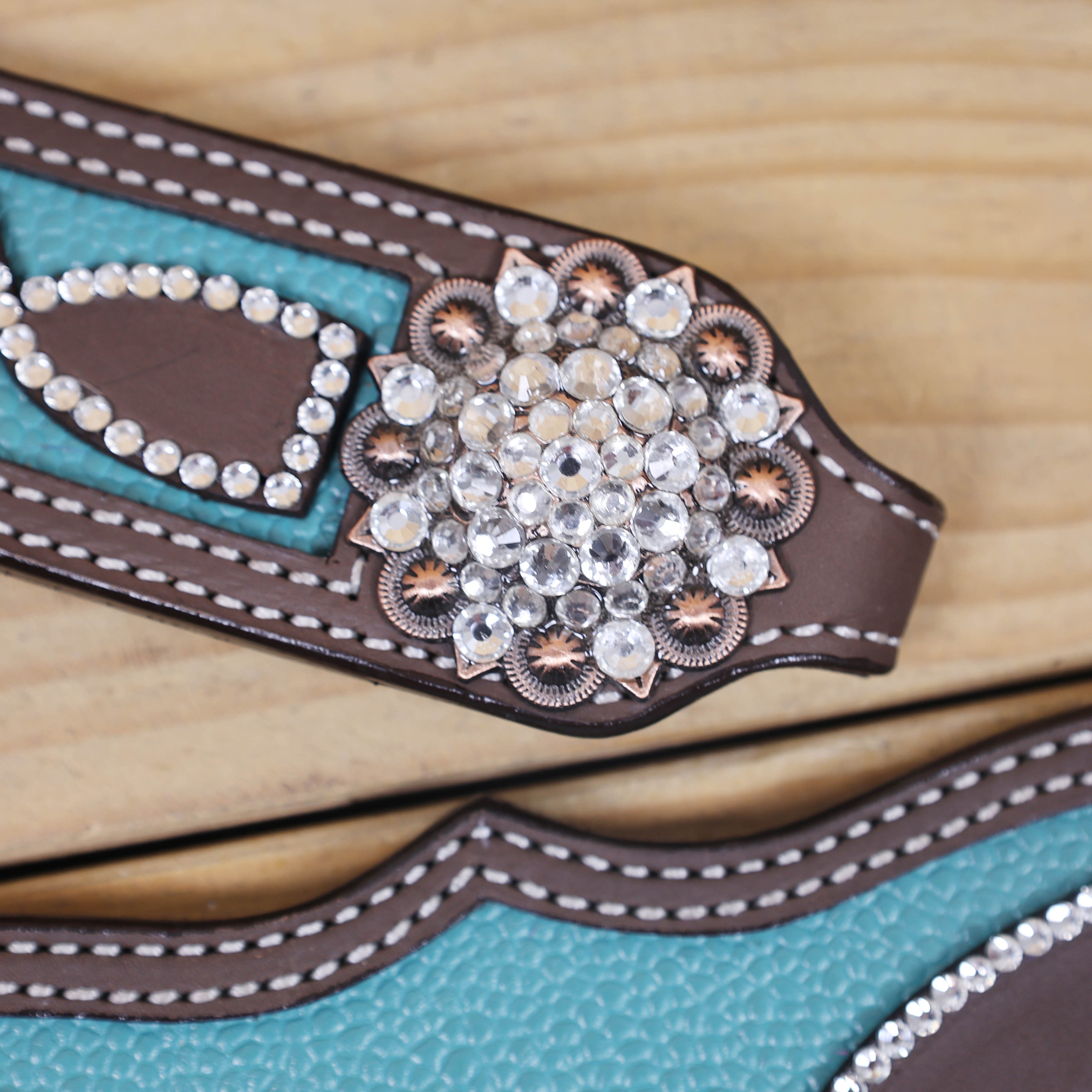 Western Headstall and Breast Collar Set with Leather Filigree Design, Clear Stones and Turquoise Lining Base, Rhinestone Berry Conchos MOUSM