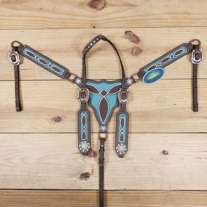 Western Headstall and Breast Collar Set with Leather Filigree Design, Clear Stones and Turquoise Lining Base, Rhinestone Berry Conchos MOUSM