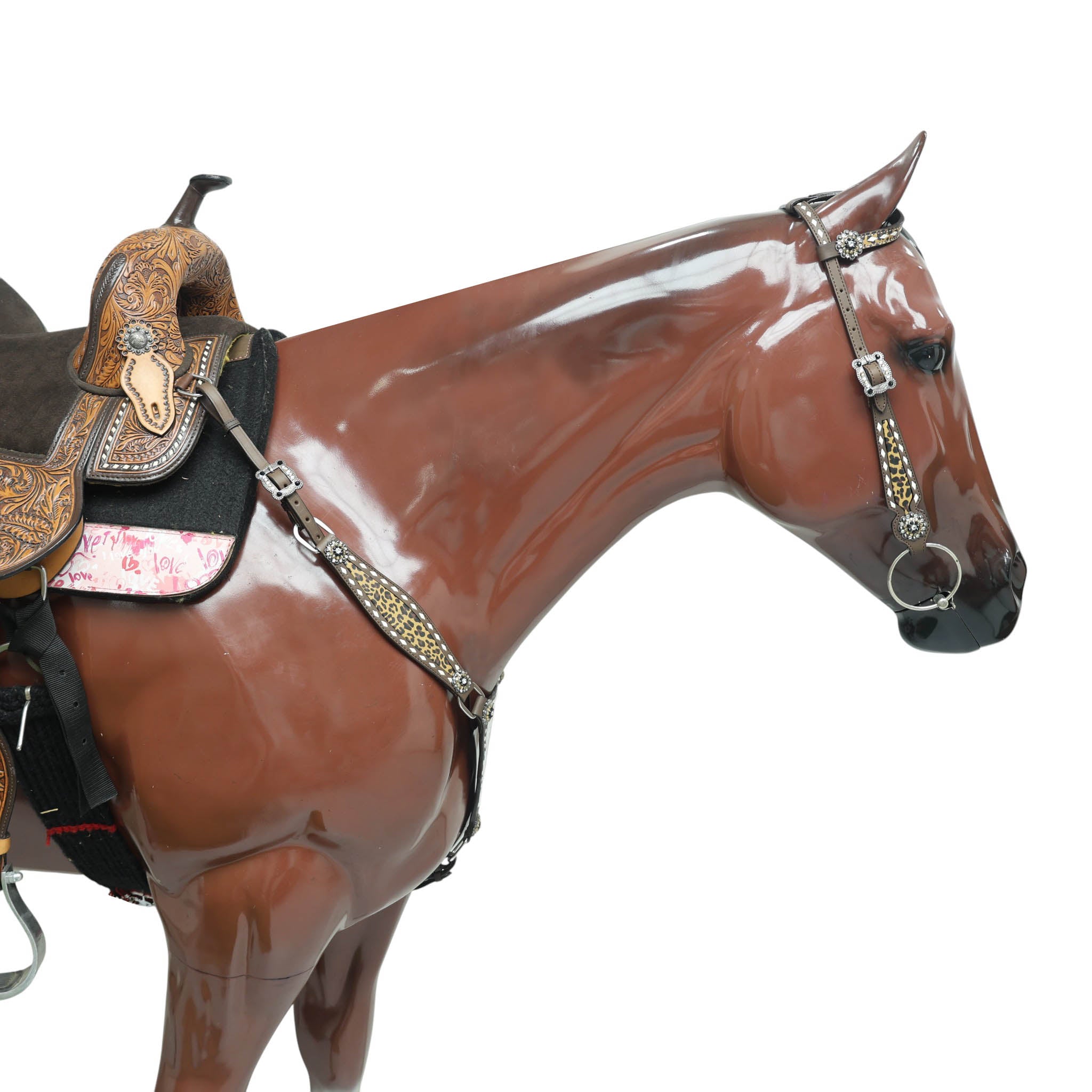 Western One Ear Headstall Set Decorated with Running Horse Print on Gladiator Breast Collar, Rawhide Buck Stitching and Rhinestone Berry Conchos MOUSM