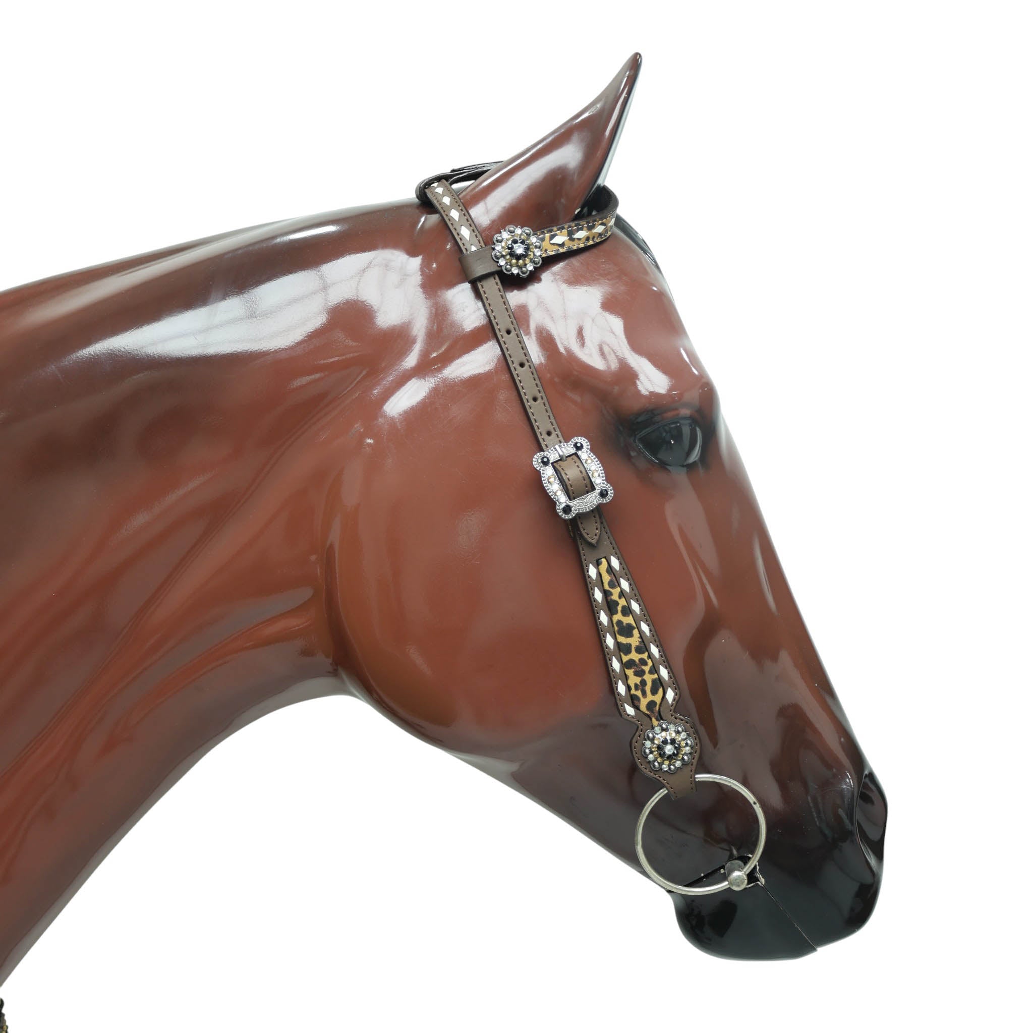 Western One Ear Headstall Set Decorated with Running Horse Print on Gladiator Breast Collar, Rawhide Buck Stitching and Rhinestone Berry Conchos MOUSM