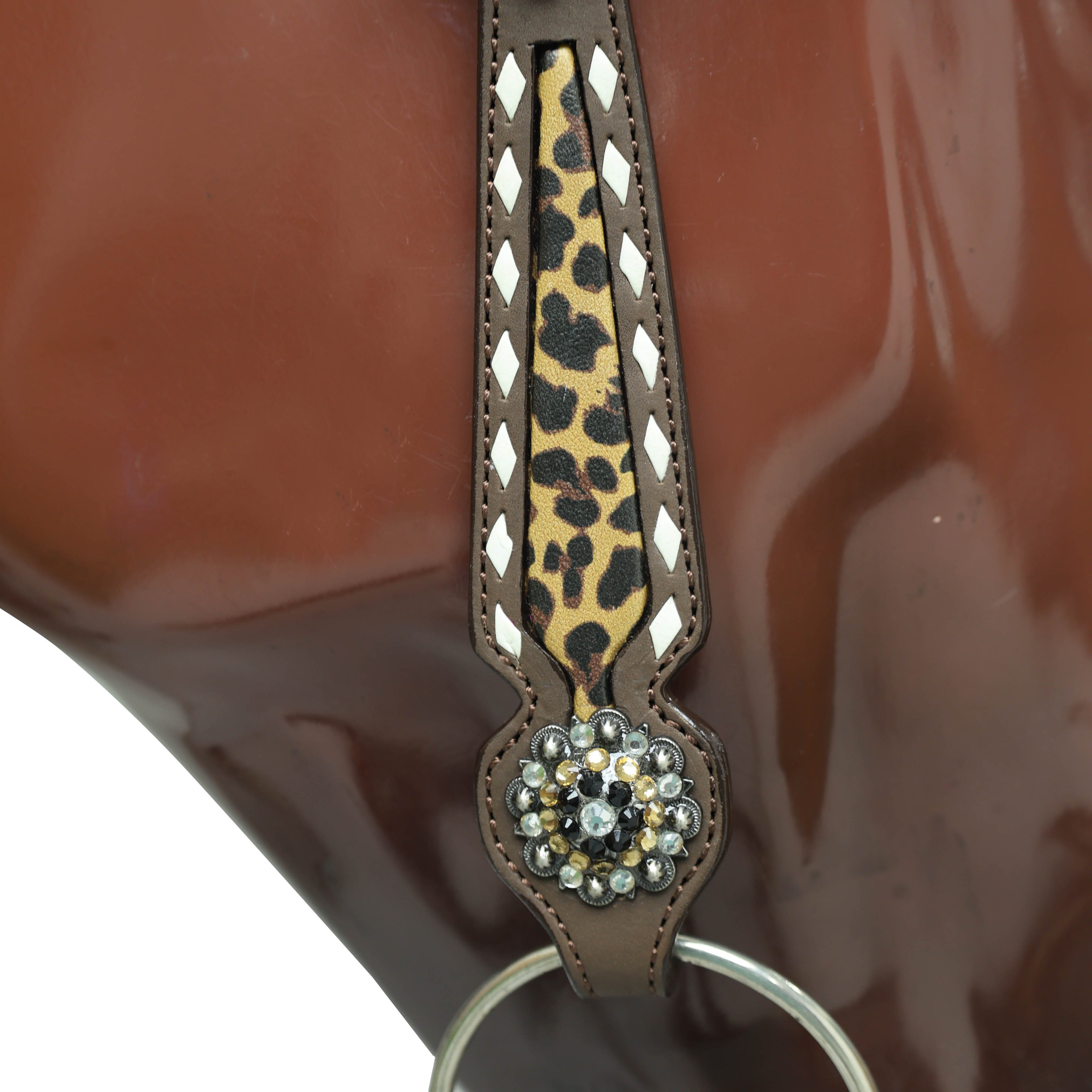 Western One Ear Headstall Set Decorated with Running Horse Print on Gladiator Breast Collar, Rawhide Buck Stitching and Rhinestone Berry Conchos MOUSM