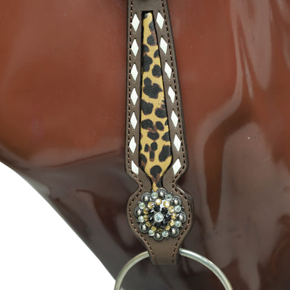Western One Ear Headstall Set Decorated with Running Horse Print on Gladiator Breast Collar, Rawhide Buck Stitching and Rhinestone Berry Conchos MOUSM