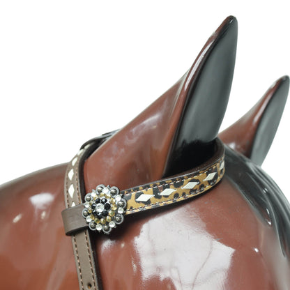 Western One Ear Headstall Set Decorated with Running Horse Print on Gladiator Breast Collar, Rawhide Buck Stitching and Rhinestone Berry Conchos MOUSM