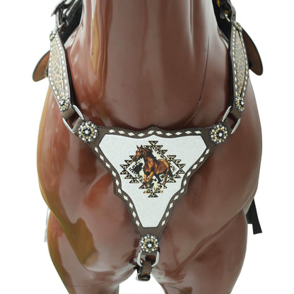 Western One Ear Headstall Set Decorated with Running Horse Print on Gladiator Breast Collar, Rawhide Buck Stitching and Rhinestone Berry Conchos MOUSM