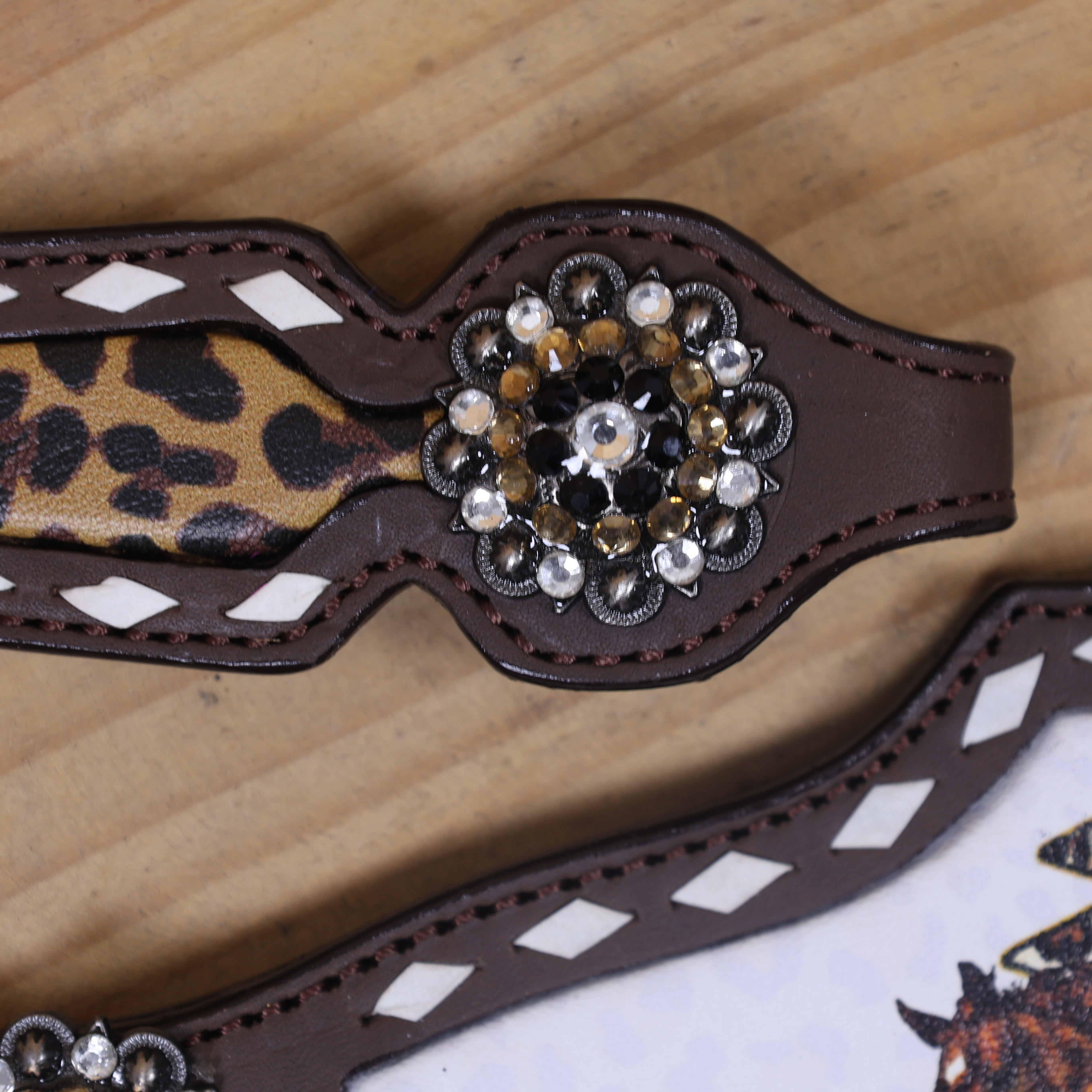 Western One Ear Headstall Set Decorated with Running Horse Print on Gladiator Breast Collar, Rawhide Buck Stitching and Rhinestone Berry Conchos MOUSM