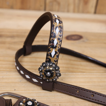 Western One Ear Headstall Set Decorated with Running Horse Print on Gladiator Breast Collar, Rawhide Buck Stitching and Rhinestone Berry Conchos MOUSM
