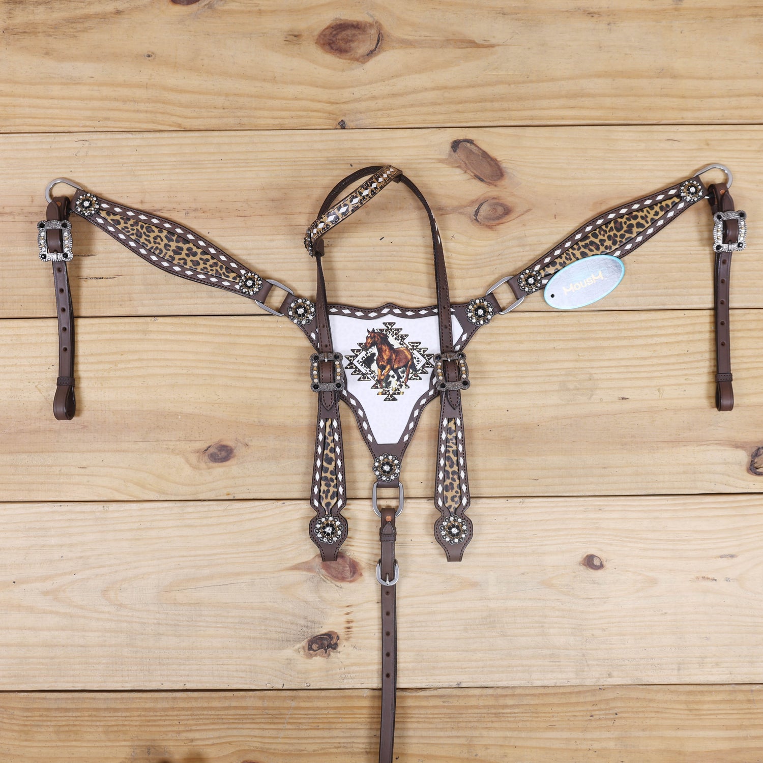 Western One Ear Headstall Set Decorated with Running Horse Print on Gladiator Breast Collar, Rawhide Buck Stitching and Rhinestone Berry Conchos MOUSM