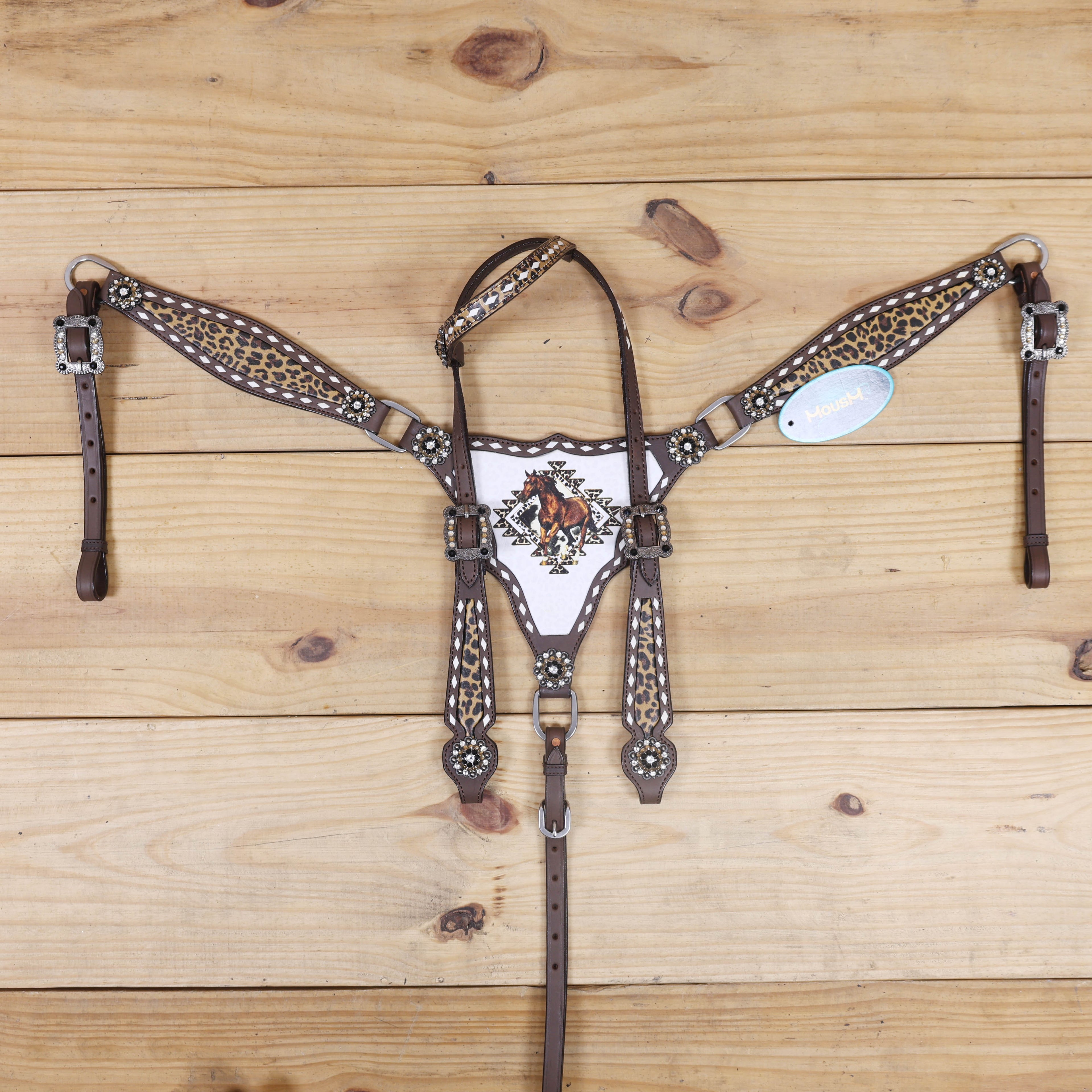 Western One Ear Headstall Set Decorated with Running Horse Print on Gladiator Breast Collar, Rawhide Buck Stitching and Rhinestone Berry Conchos MOUSM