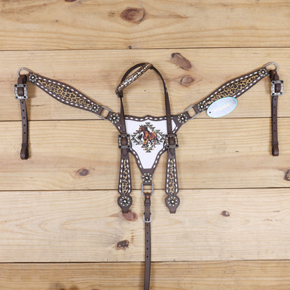 Western One Ear Headstall Set Decorated with Running Horse Print on Gladiator Breast Collar, Rawhide Buck Stitching and Rhinestone Berry Conchos MOUSM