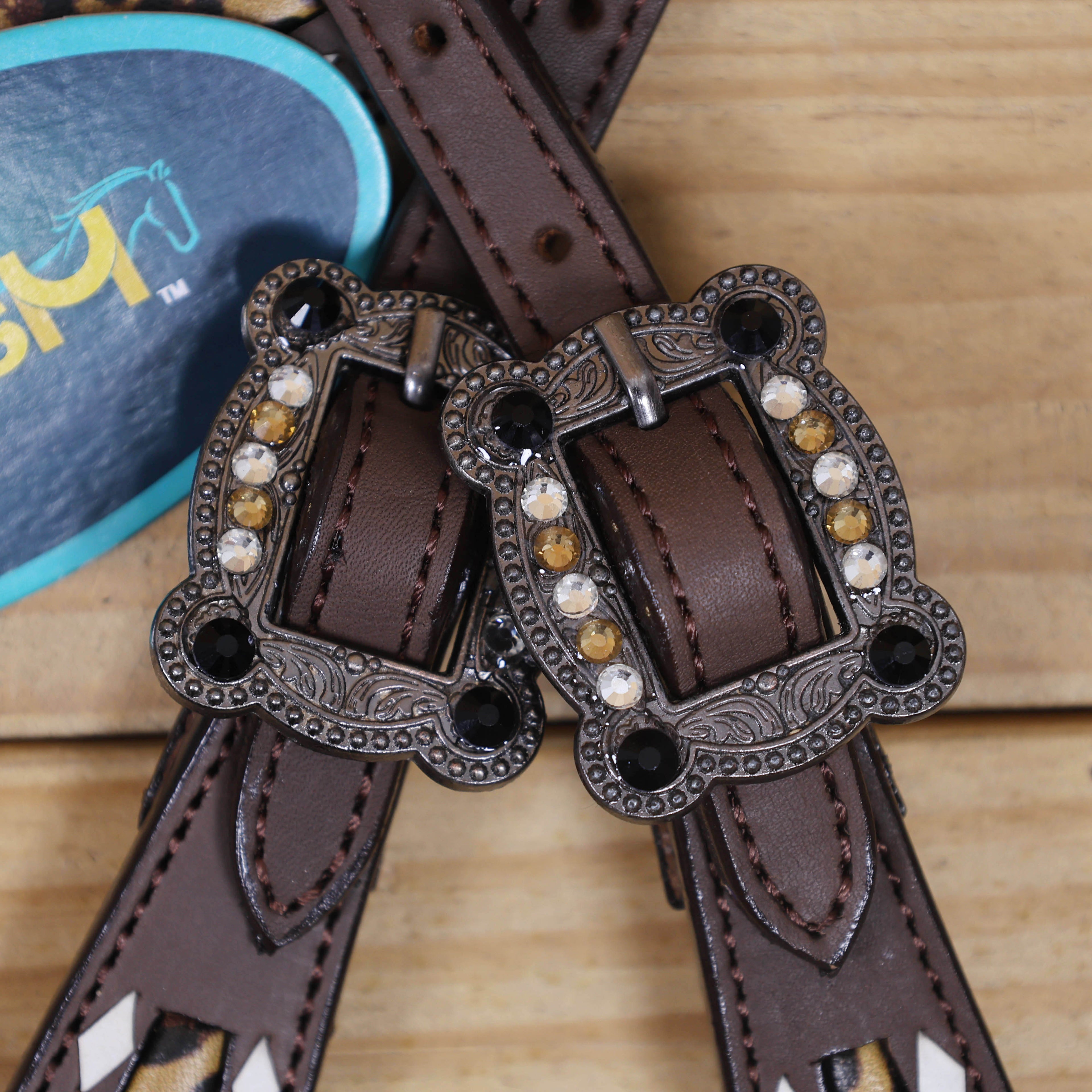 Western One Ear Headstall Set Decorated with Running Horse Print on Gladiator Breast Collar, Rawhide Buck Stitching and Rhinestone Berry Conchos MOUSM