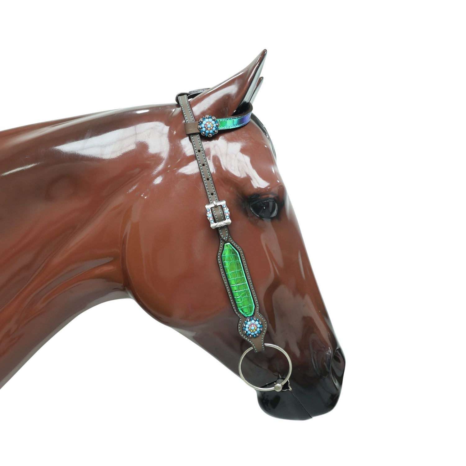 Western Leather Headstall Tack Set Decorated with Holographic Alligator Print, Horse, Sunflower, and Cactus Scenery Printed Gladiator Breast Collar MOUSM
