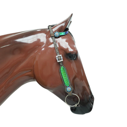 Western Leather Headstall Tack Set Decorated with Holographic Alligator Print, Horse, Sunflower, and Cactus Scenery Printed Gladiator Breast Collar MOUSM