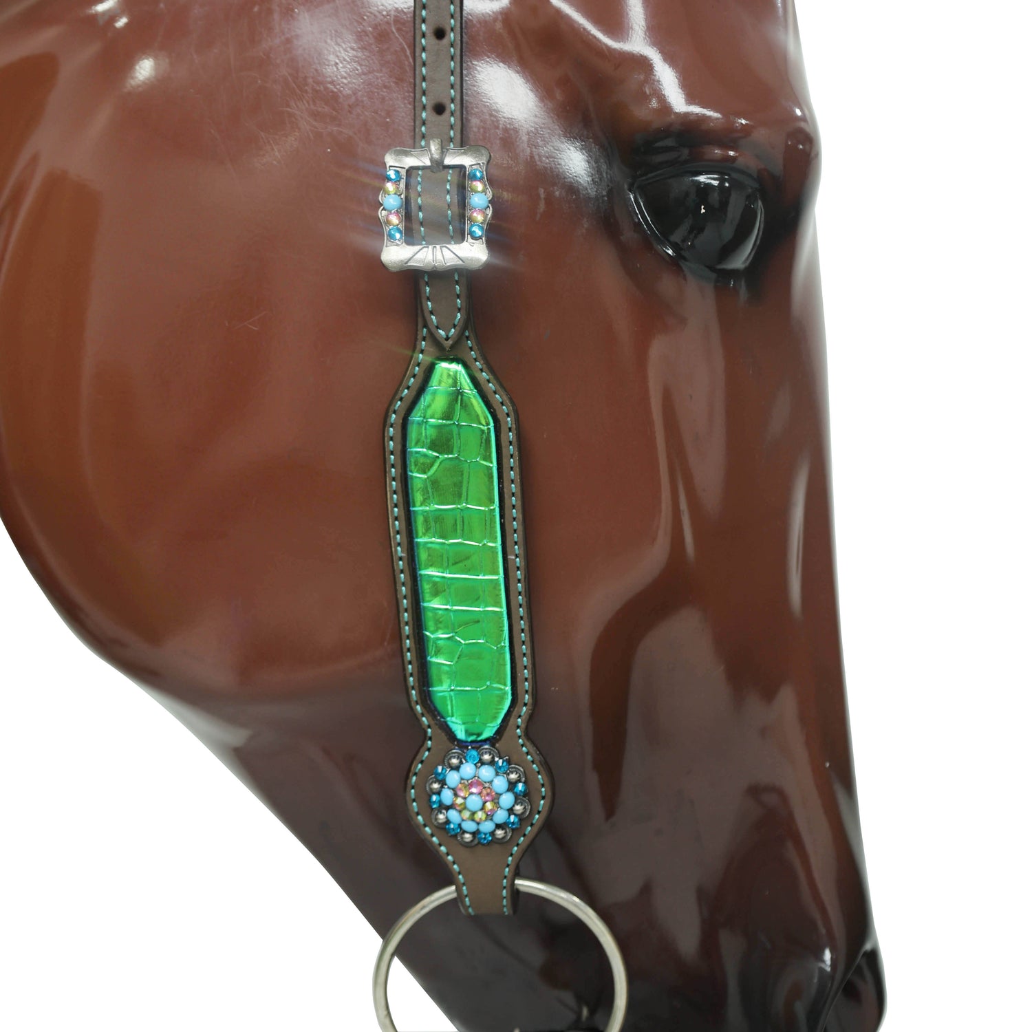 Western Leather Headstall Tack Set Decorated with Holographic Alligator Print, Horse, Sunflower, and Cactus Scenery Printed Gladiator Breast Collar MOUSM