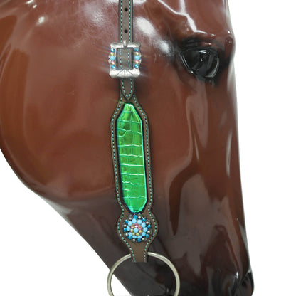 Western Leather Headstall Tack Set Decorated with Holographic Alligator Print, Horse, Sunflower, and Cactus Scenery Printed Gladiator Breast Collar MOUSM
