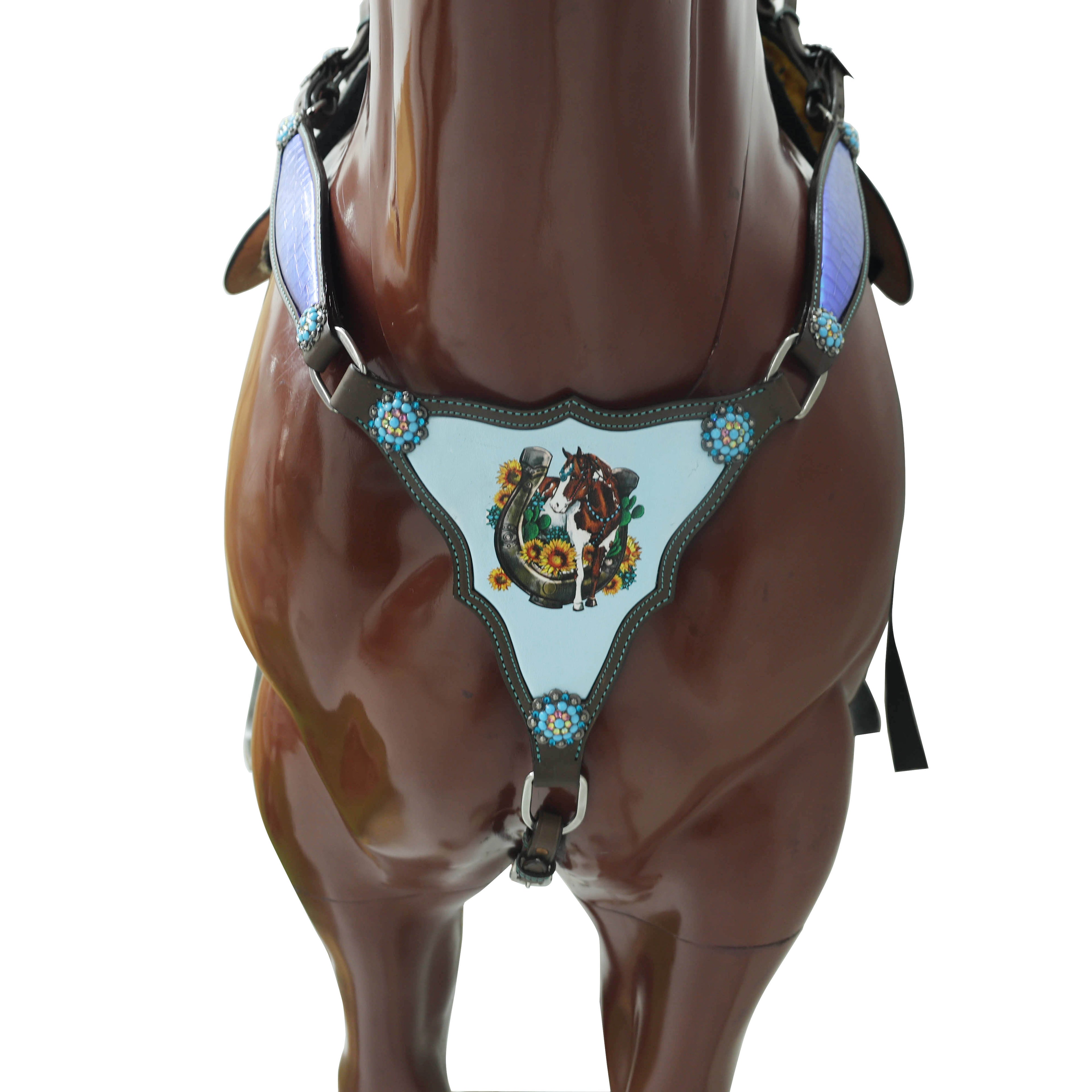 Western Leather Headstall Tack Set Decorated with Holographic Alligator Print, Horse, Sunflower, and Cactus Scenery Printed Gladiator Breast Collar MOUSM