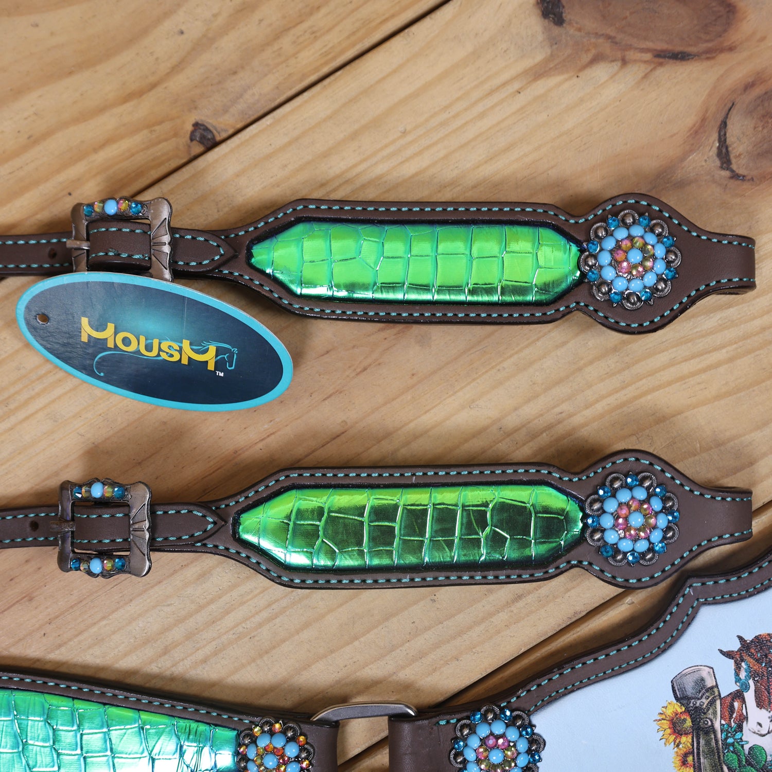 Western Leather Headstall Tack Set Decorated with Holographic Alligator Print, Horse, Sunflower, and Cactus Scenery Printed Gladiator Breast Collar MOUSM