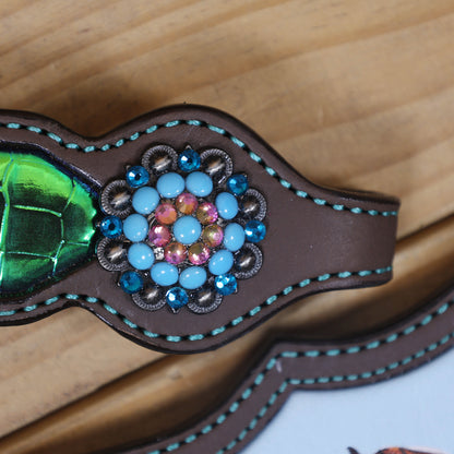Western Leather Headstall Tack Set Decorated with Holographic Alligator Print, Horse, Sunflower, and Cactus Scenery Printed Gladiator Breast Collar MOUSM