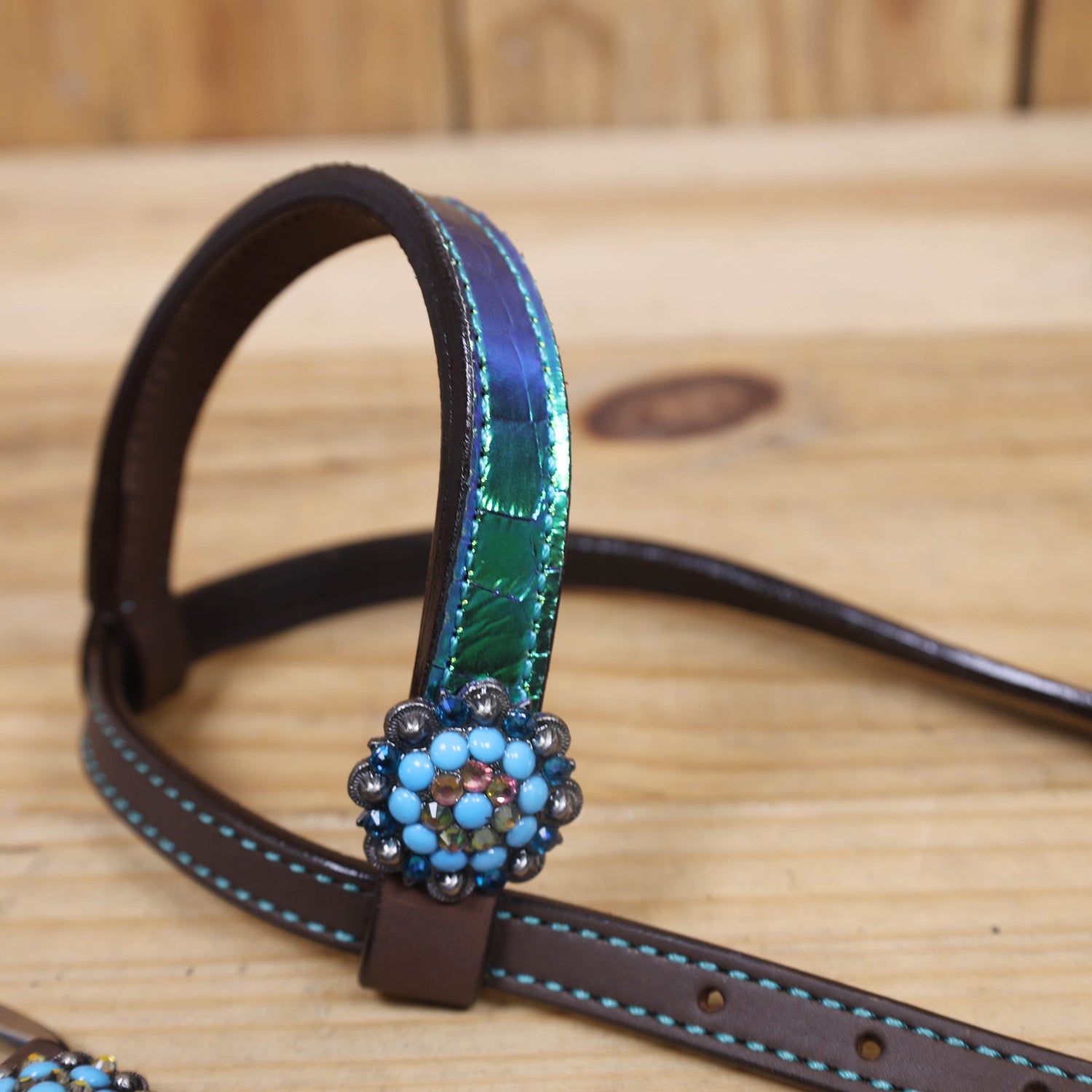 Western Leather Headstall Tack Set Decorated with Holographic Alligator Print, Horse, Sunflower, and Cactus Scenery Printed Gladiator Breast Collar MOUSM