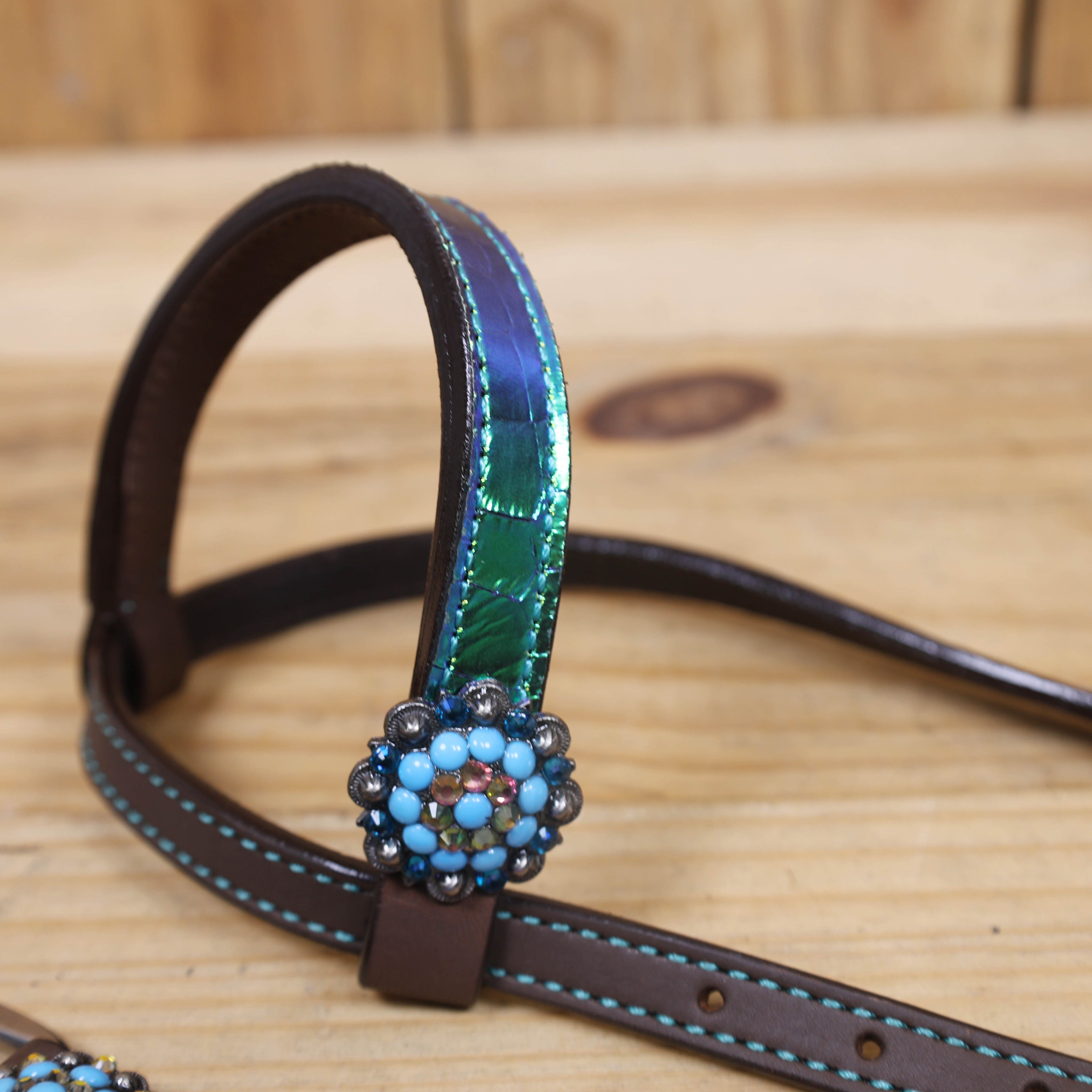 Western Leather Headstall Tack Set Decorated with Holographic Alligator Print, Horse, Sunflower, and Cactus Scenery Printed Gladiator Breast Collar MOUSM