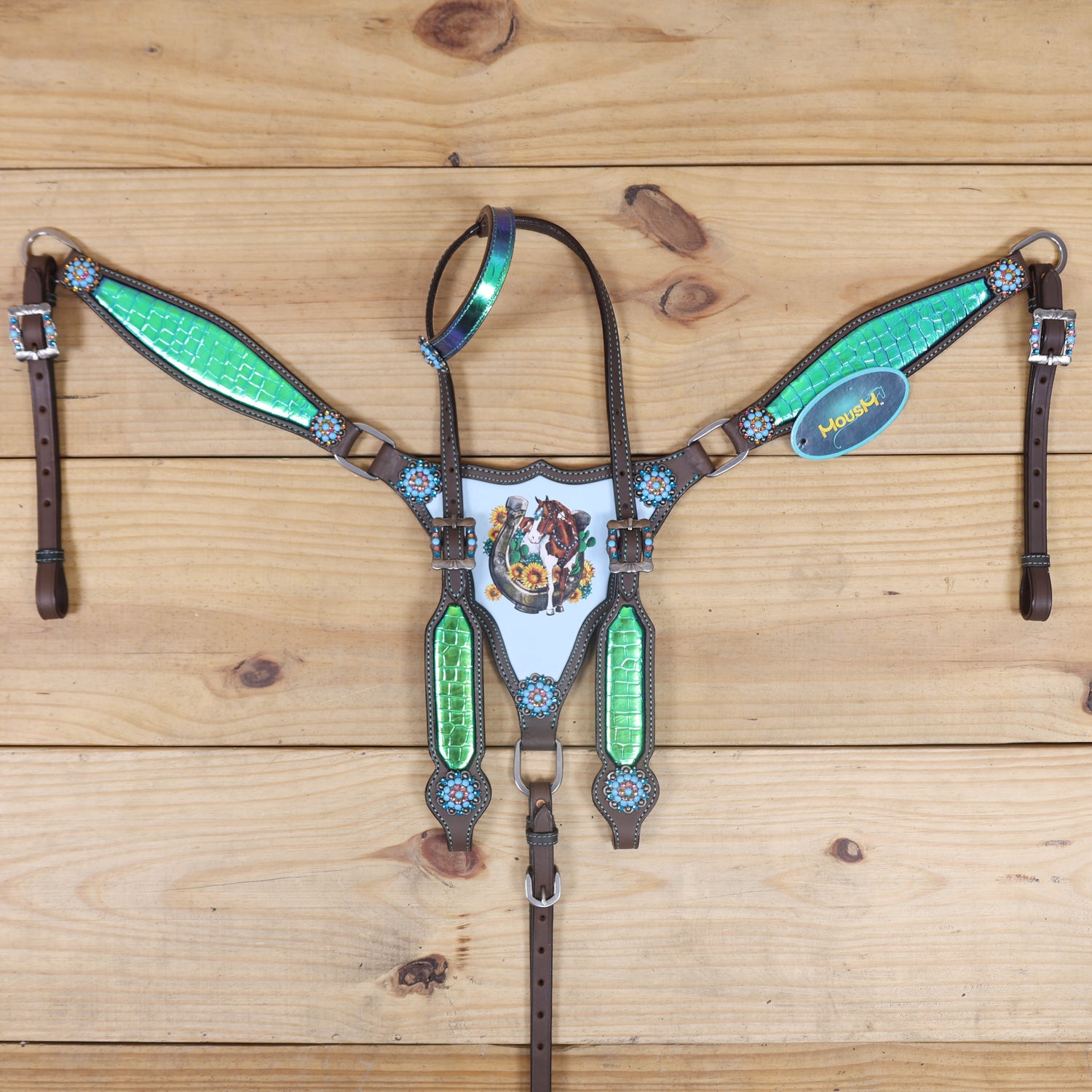 Western Leather Headstall Tack Set Decorated with Holographic Alligator Print, Horse, Sunflower, and Cactus Scenery Printed Gladiator Breast Collar MOUSM