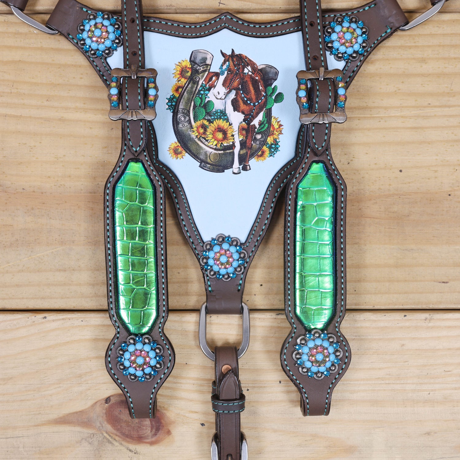 Western Leather Headstall Tack Set Decorated with Holographic Alligator Print, Horse, Sunflower, and Cactus Scenery Printed Gladiator Breast Collar MOUSM