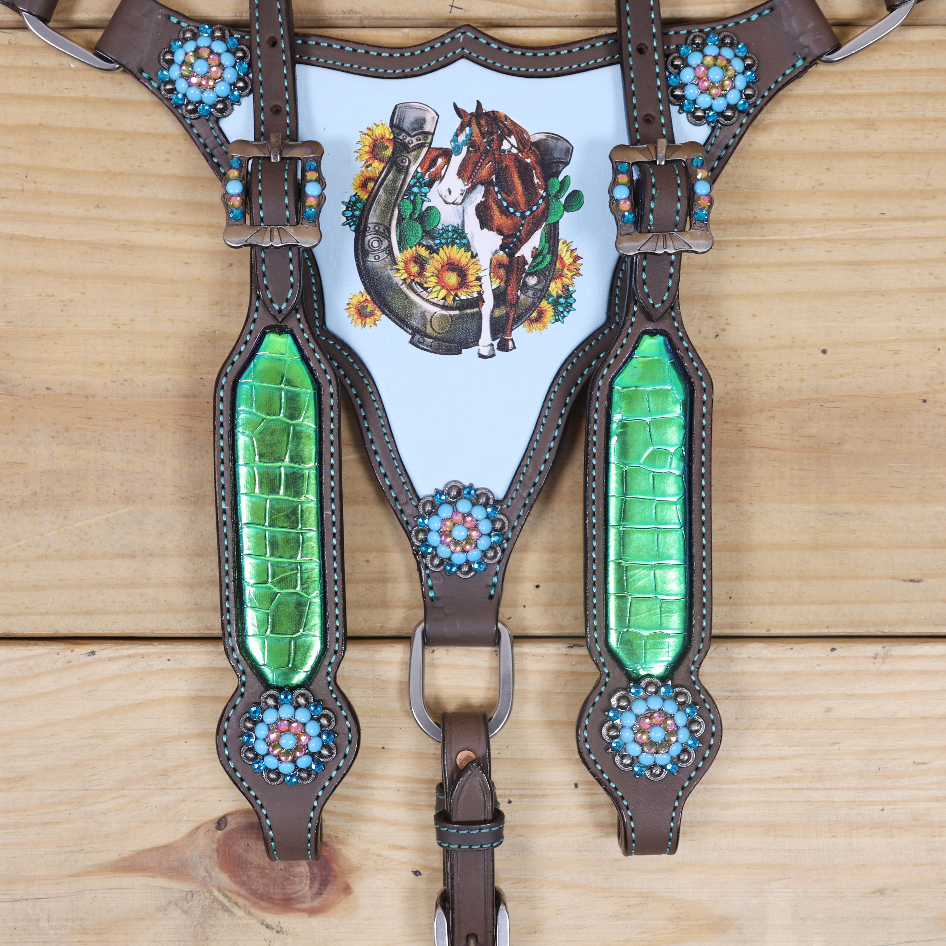Western Leather Headstall Tack Set Decorated with Holographic Alligator Print, Horse, Sunflower, and Cactus Scenery Printed Gladiator Breast Collar MOUSM