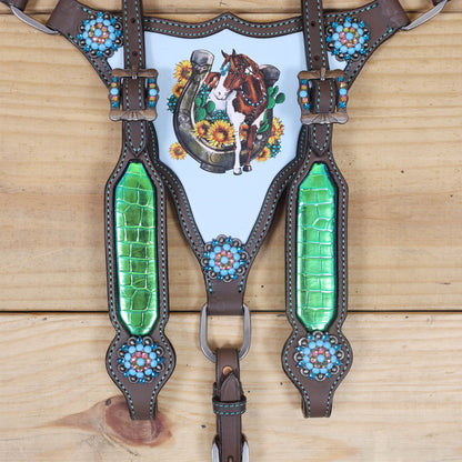Western Leather Headstall Tack Set Decorated with Holographic Alligator Print, Horse, Sunflower, and Cactus Scenery Printed Gladiator Breast Collar MOUSM