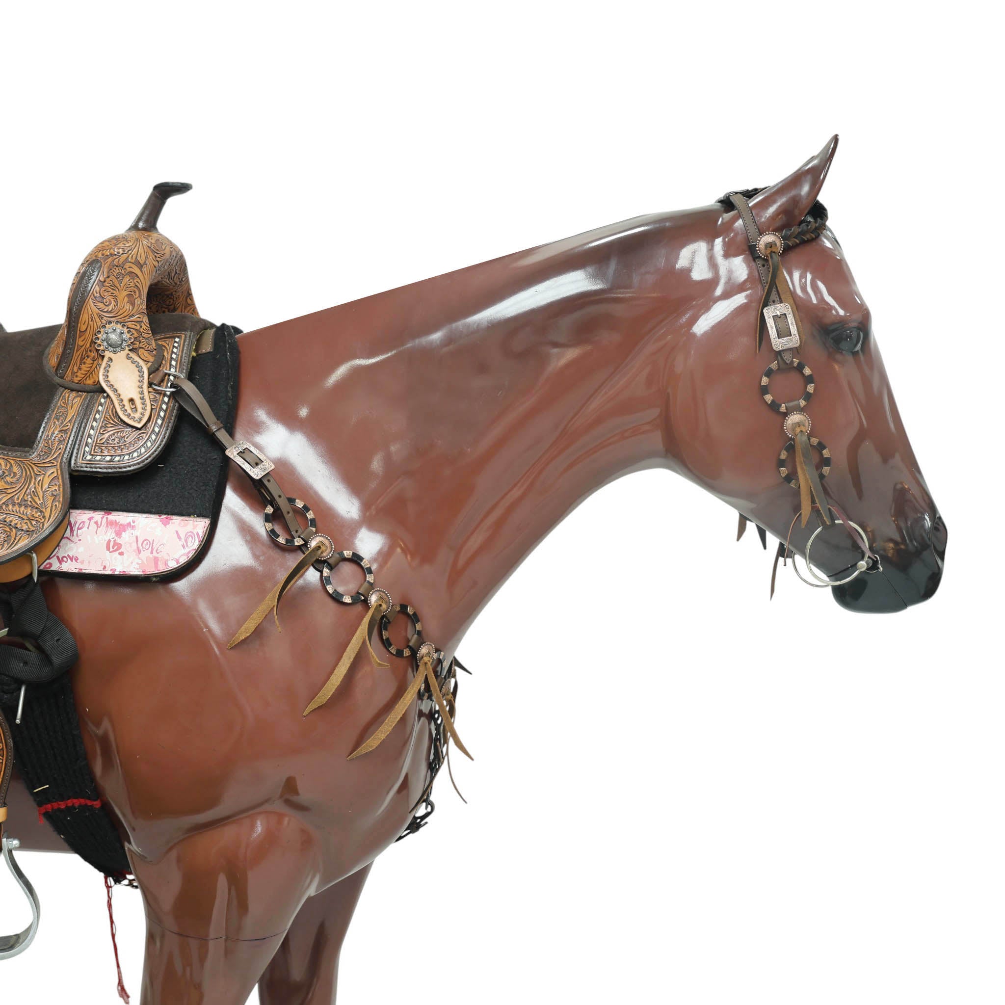 Western Leather Ring Headstall and Breast Collar Set with Two-Tone Rings and Raw Leather Fringe, Braided One Ear and Cheekpiece MOUSM