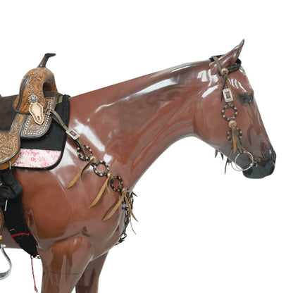 Western Leather Ring Headstall and Breast Collar Set with Two-Tone Rings and Raw Leather Fringe, Braided One Ear and Cheekpiece MOUSM