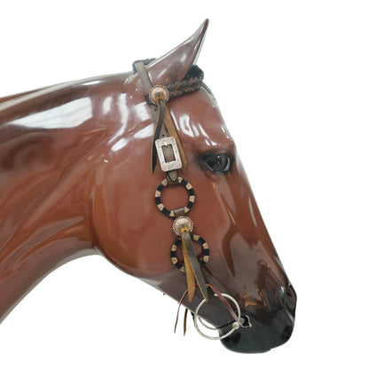 Western Leather Ring Headstall and Breast Collar Set with Two-Tone Rings and Raw Leather Fringe, Braided One Ear and Cheekpiece MOUSM