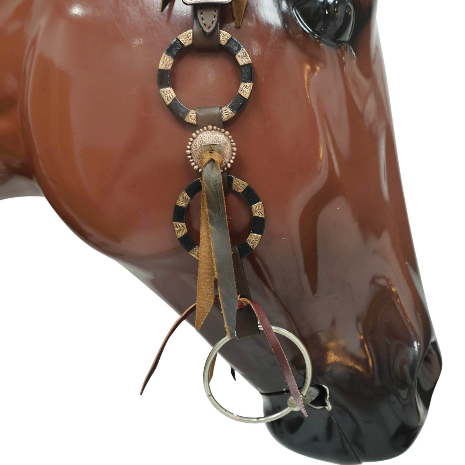 Western Leather Ring Headstall and Breast Collar Set with Two-Tone Rings and Raw Leather Fringe, Braided One Ear and Cheekpiece MOUSM