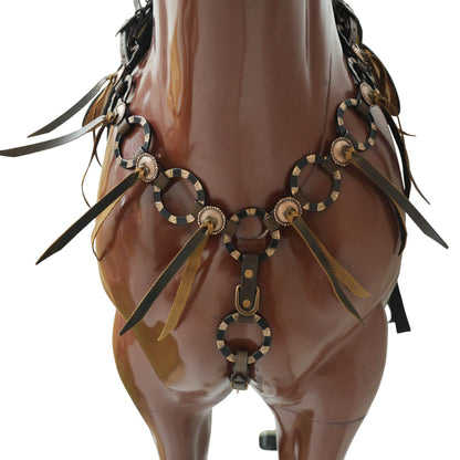 Western Leather Ring Headstall and Breast Collar Set with Two-Tone Rings and Raw Leather Fringe, Braided One Ear and Cheekpiece MOUSM