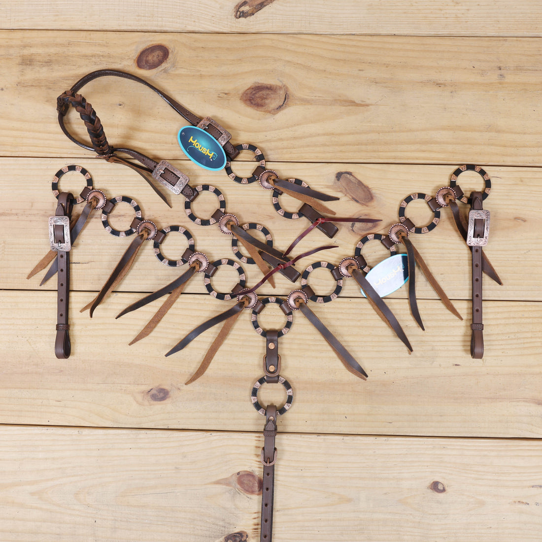 Western Leather Ring Headstall and Breast Collar Set with Two-Tone Rings and Raw Leather Fringe, Braided One Ear and Cheekpiece MOUSM