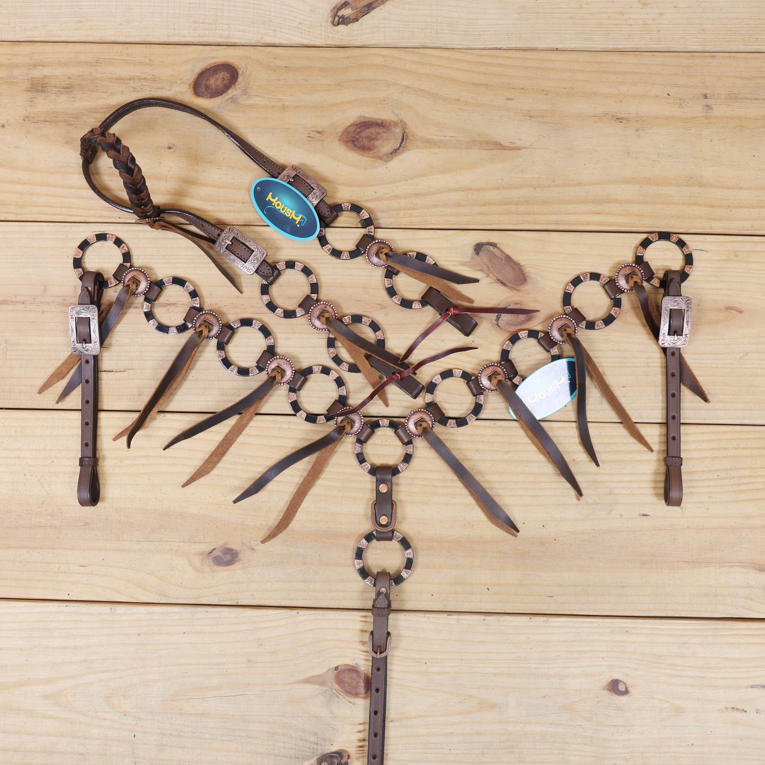 Western Leather Ring Headstall and Breast Collar Set with Two-Tone Rings and Raw Leather Fringe, Braided One Ear and Cheekpiece MOUSM