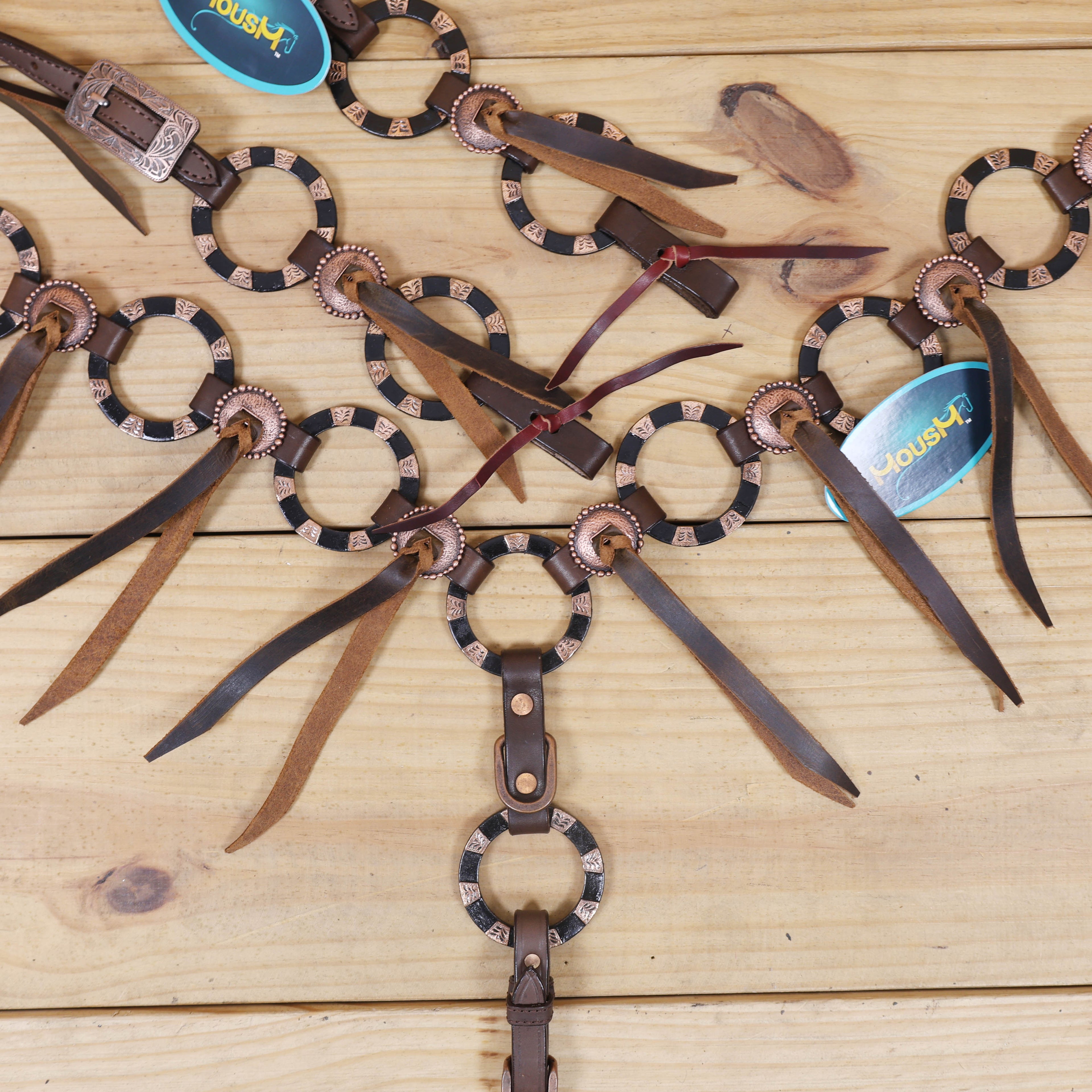 Western Leather Ring Headstall and Breast Collar Set with Two-Tone Rings and Raw Leather Fringe, Braided One Ear and Cheekpiece MOUSM