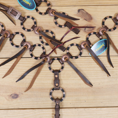 Western Leather Ring Headstall and Breast Collar Set with Two-Tone Rings and Raw Leather Fringe, Braided One Ear and Cheekpiece MOUSM
