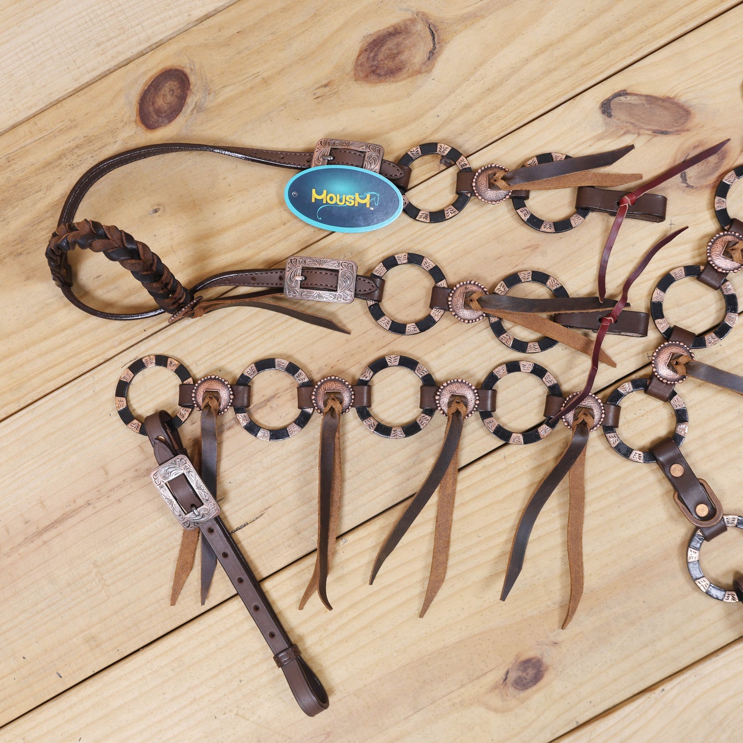 Western Leather Ring Headstall and Breast Collar Set with Two-Tone Rings and Raw Leather Fringe, Braided One Ear and Cheekpiece MOUSM