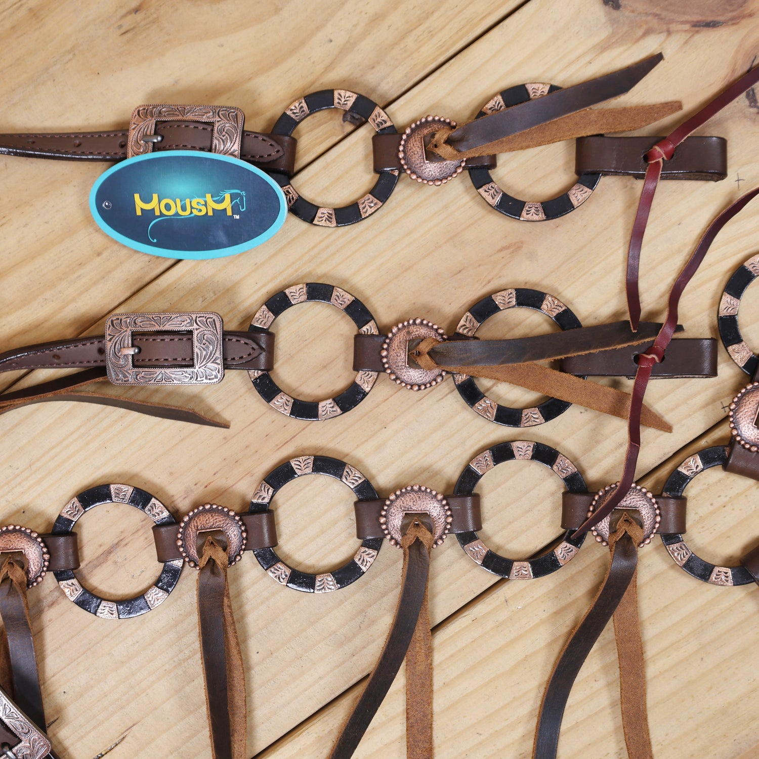 Western Leather Ring Headstall and Breast Collar Set with Two-Tone Rings and Raw Leather Fringe, Braided One Ear and Cheekpiece MOUSM