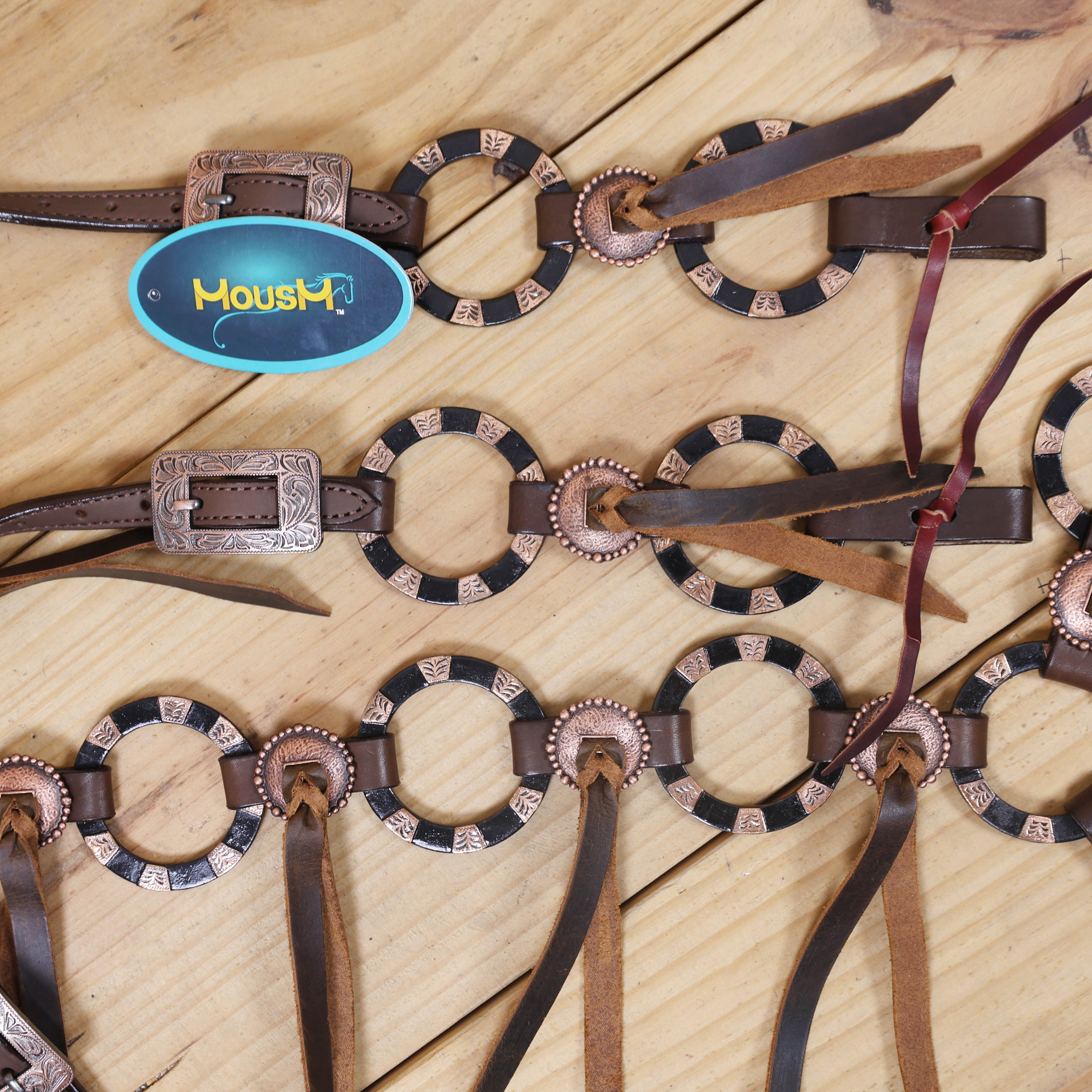 Western Leather Ring Headstall and Breast Collar Set with Two-Tone Rings and Raw Leather Fringe, Braided One Ear and Cheekpiece MOUSM