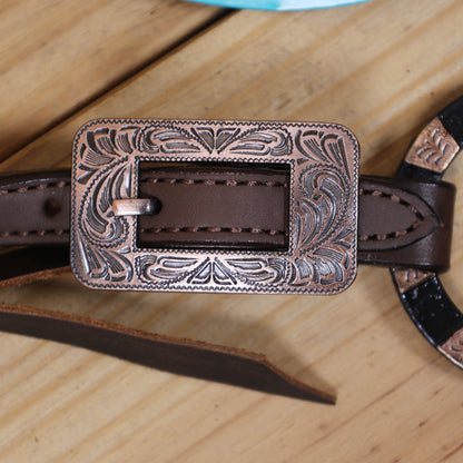 Western Leather Ring Headstall and Breast Collar Set with Two-Tone Rings and Raw Leather Fringe, Braided One Ear and Cheekpiece MOUSM