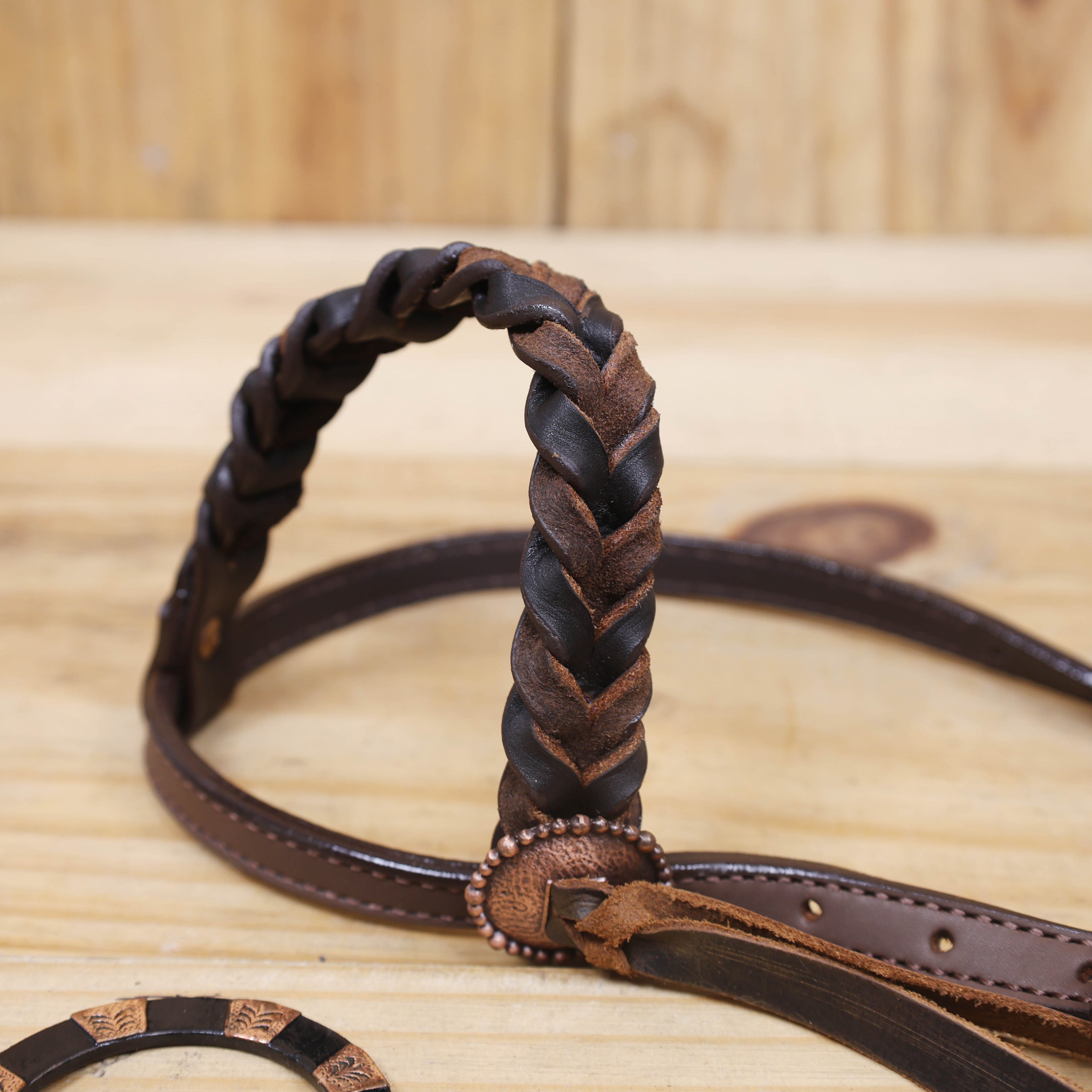 Western Leather Ring Headstall and Breast Collar Set with Two-Tone Rings and Raw Leather Fringe, Braided One Ear and Cheekpiece MOUSM