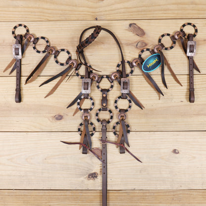 Western Leather Ring Headstall and Breast Collar Set with Two-Tone Rings and Raw Leather Fringe, Braided One Ear and Cheekpiece MOUSM